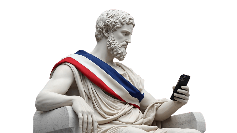 Statut d'élu avec écharpe tricolore utilisant un smartphone illustrant la communication numérique du mandat